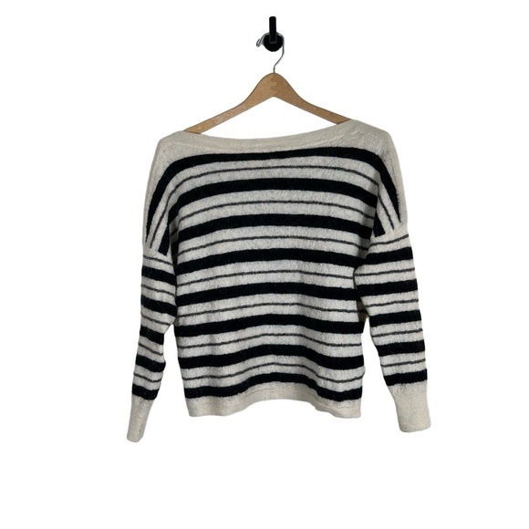 Allsaints Medium Sweater Black Cream Stripe Boxy Boat Neck Alpaca Wool Scandi - Picture 1 of 6